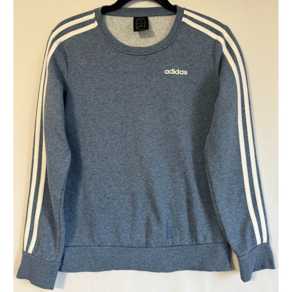 Adidas Sweatshirt Women XS Blue Heater Crew Neck 3 Stripes Logo‎ Pullover Fleece
